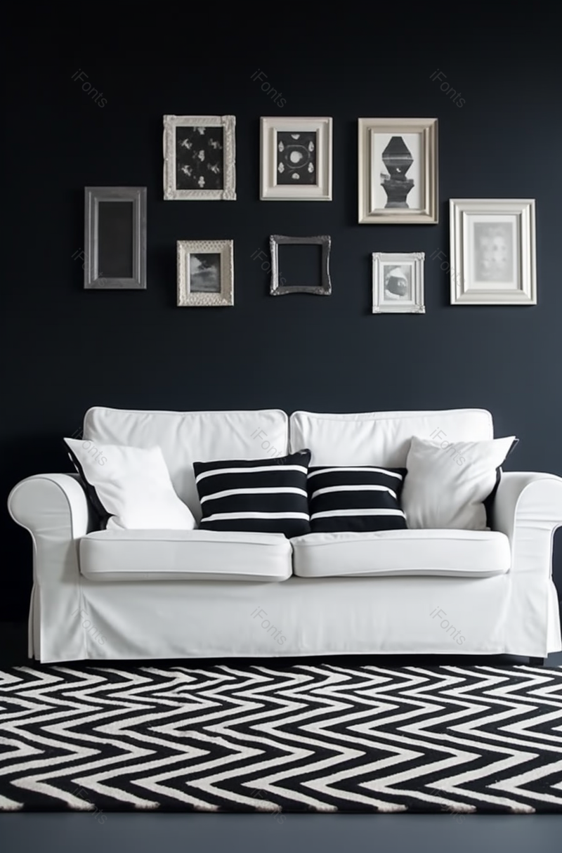 黑白图案的地毯和长沙发室内摄影,高清,摄影图,摄影图片,图片大全,摄影图免费下载